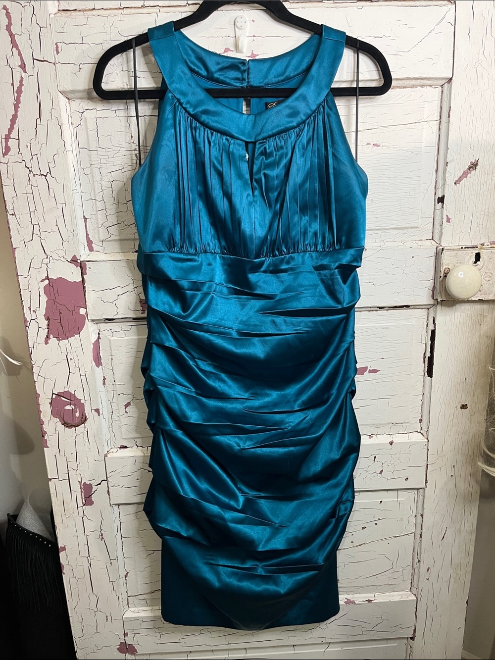 Signature by Sangria Teal Satin Ruched Sheath Cocktail Party Dress Sz 14